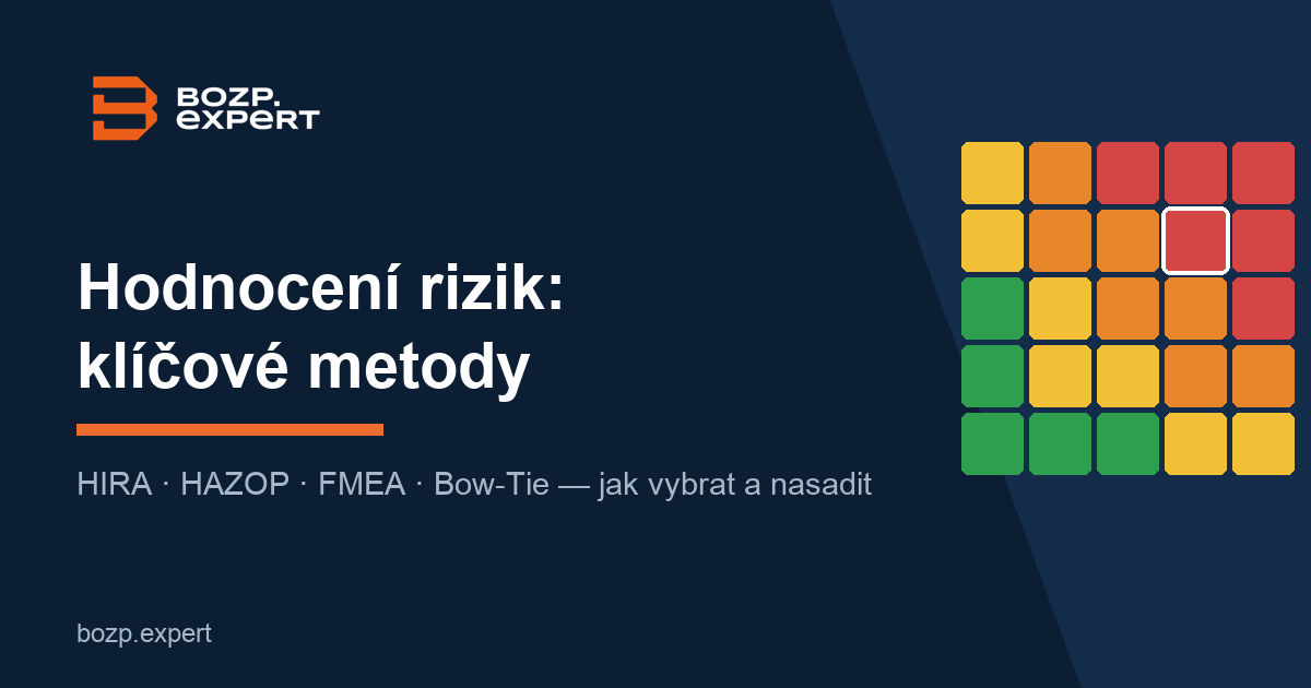 Hodnocení rizik v BOZP – matice rizik 5×5 a metody HIRA, HAZOP, FMEA, Bow-Tie